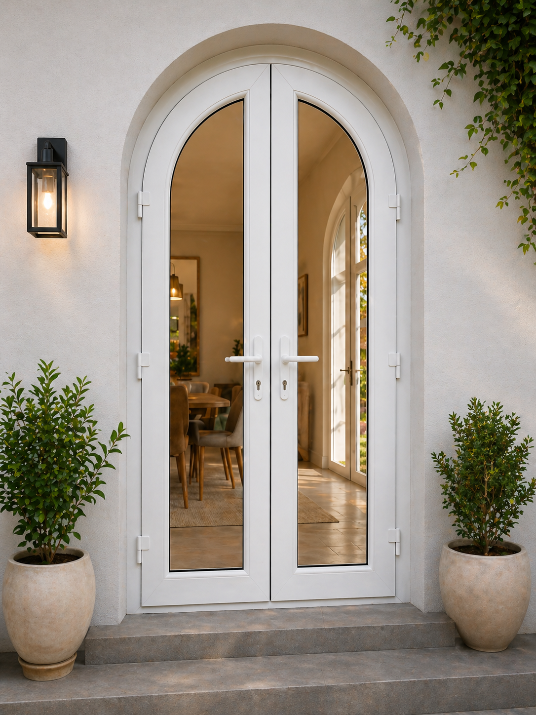 Custom uPVC arched doors in Coimbatore – curved-top design for villas, bungalows and heritage-style buildings in Tamil Nadu, customised to any arch radius